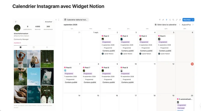 Le calendrier éditorial Instagram dans Notion, compris avec le widget