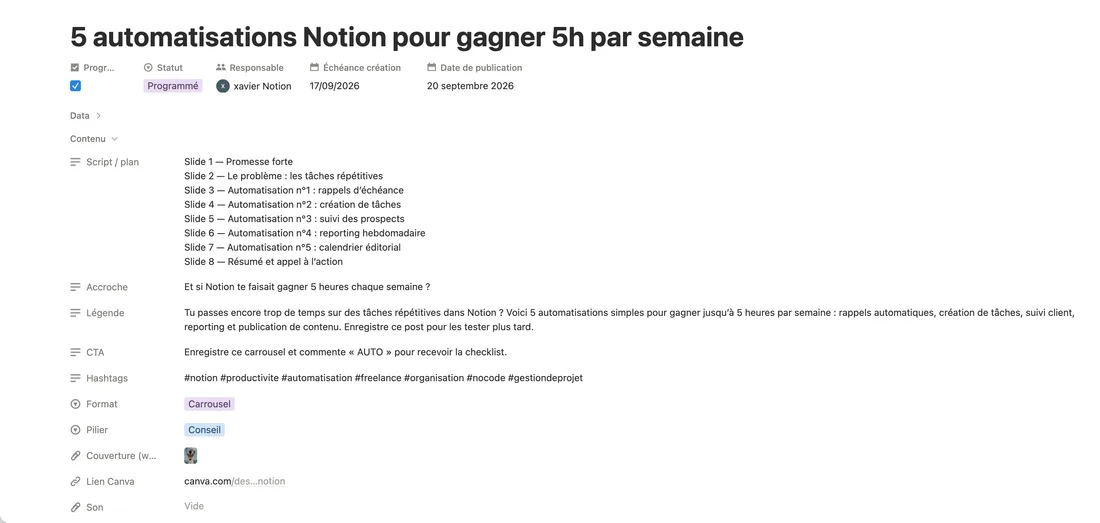 Une publication ouverte dans le calendrier : plan du carrousel, accroche, légende, CTA, hashtags