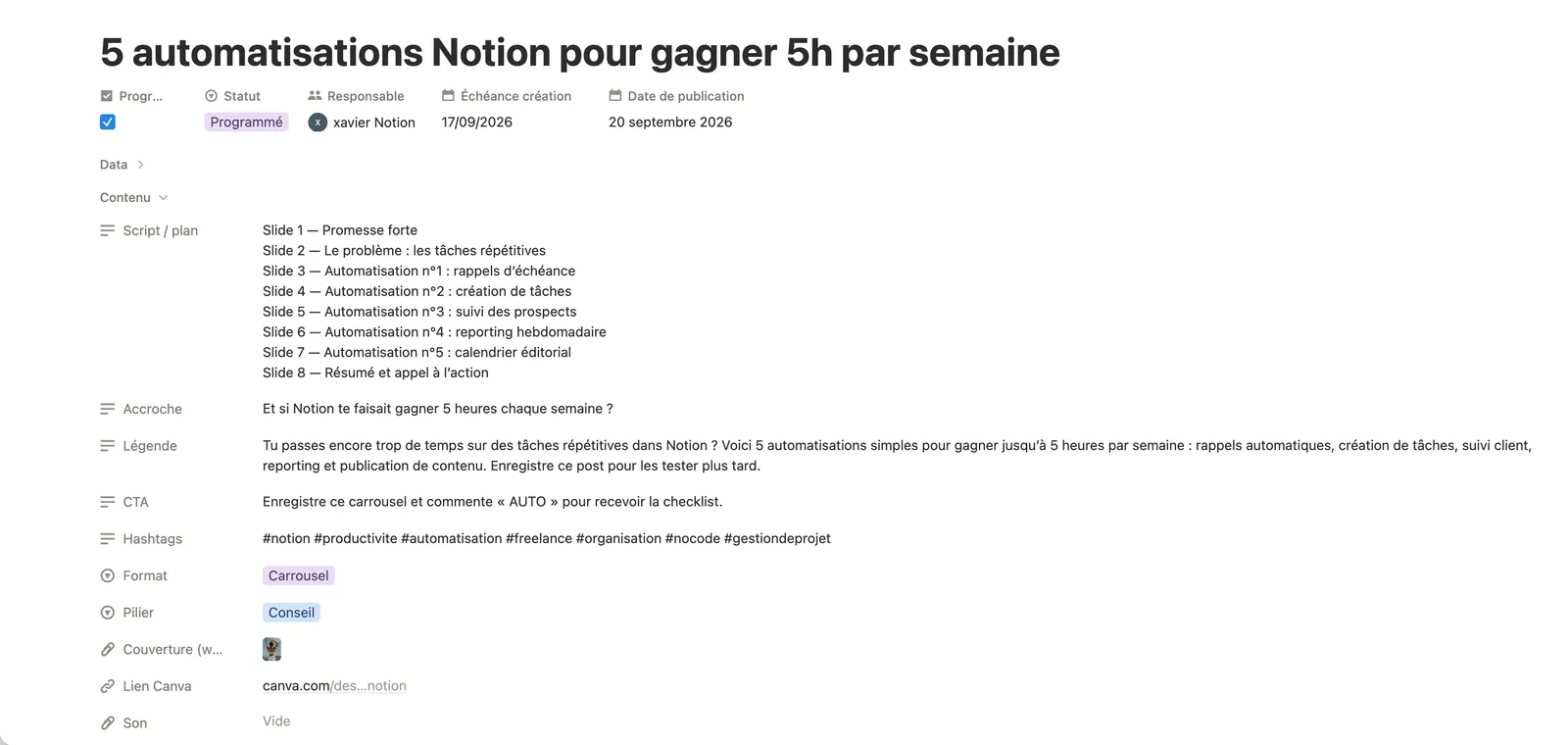 Une publication ouverte dans le calendrier Notion : le plan du carrousel slide par slide, l’accroche, la légende, l’appel à l’action, les hashtags et le lien Canva