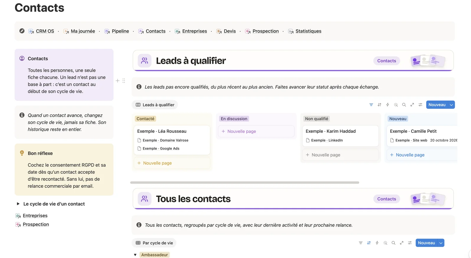 La page Contacts de CRM OS : les leads à qualifier, puis tous les contacts par cycle de vie