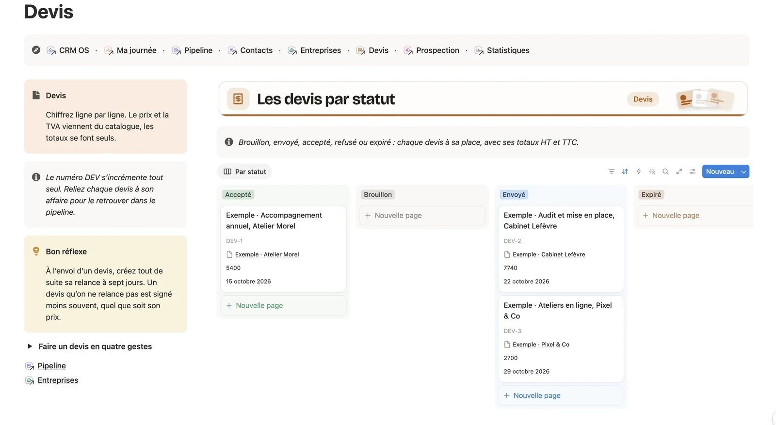La page Devis de CRM OS : les devis numérotés, rangés par statut