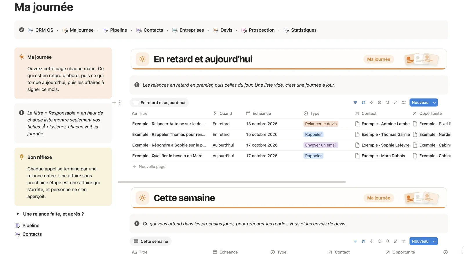La page Ma journée de CRM OS : les relances en retard et du jour