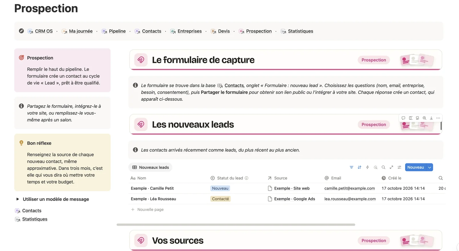 La page Prospection de CRM OS : le formulaire de capture et les nouveaux leads