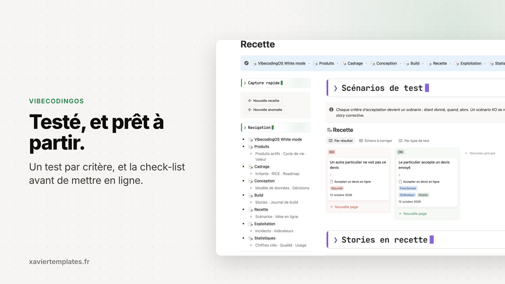La page Recette : un test par critère, et la check-list avant de mettre en ligne