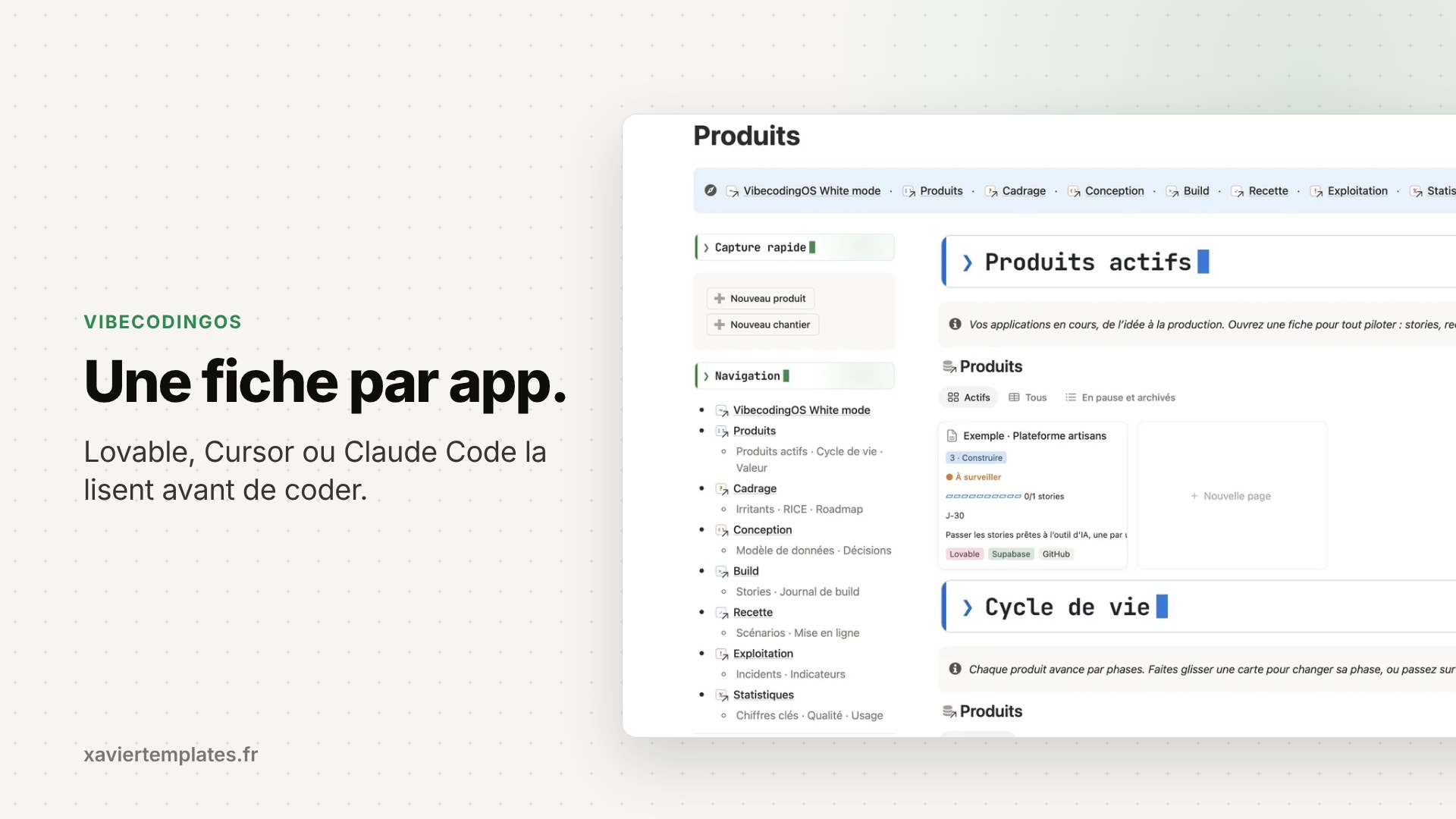 La page Produits : une fiche par app, lue par l’outil avant de coder