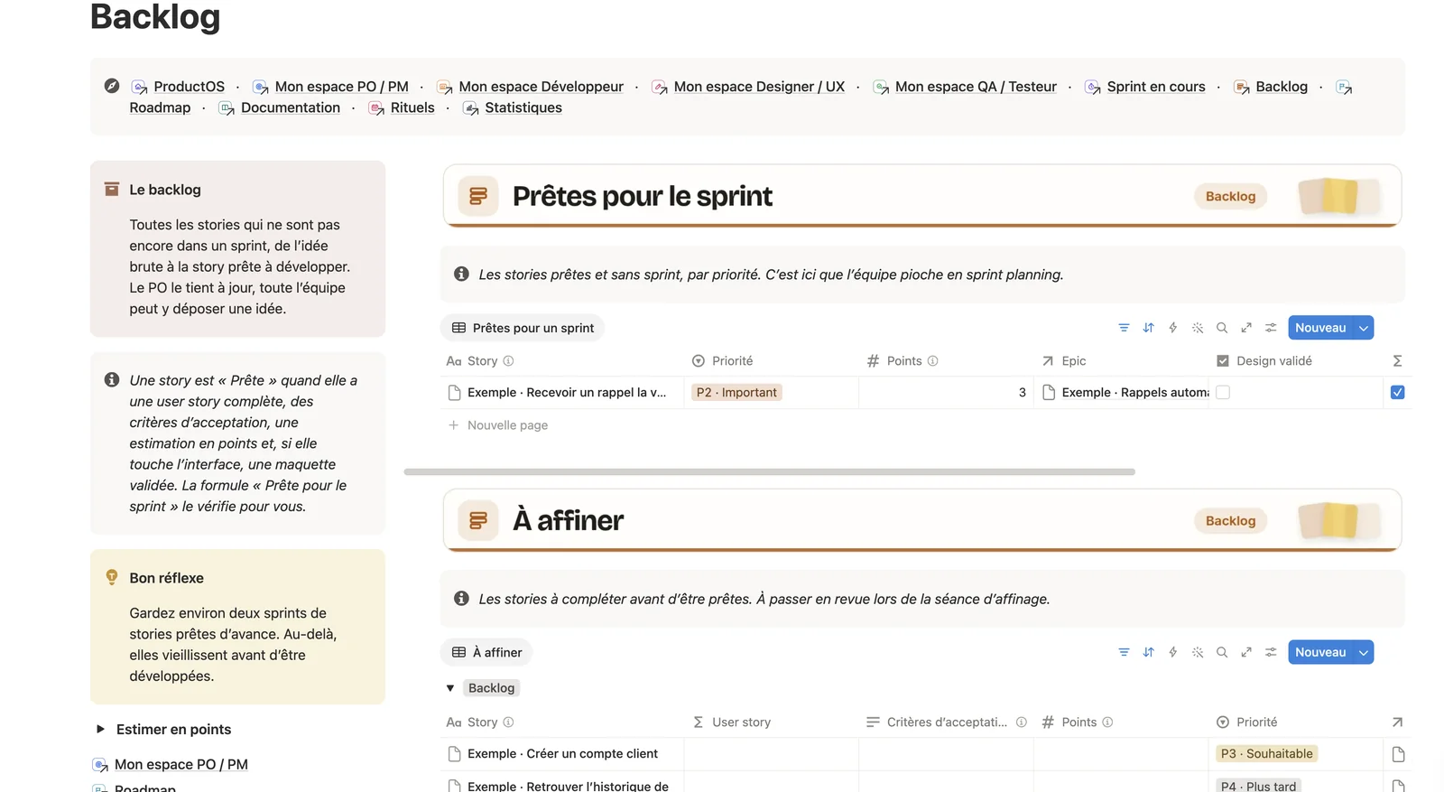 La page Backlog : les stories prêtes pour le sprint et celles à affiner