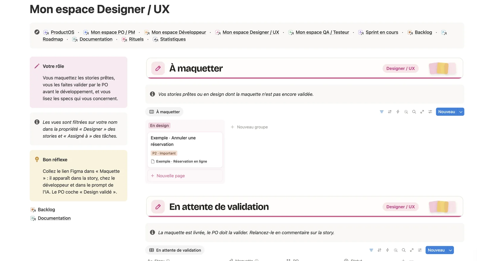 L’espace Designer / UX : les stories à maquetter et celles en attente de validation