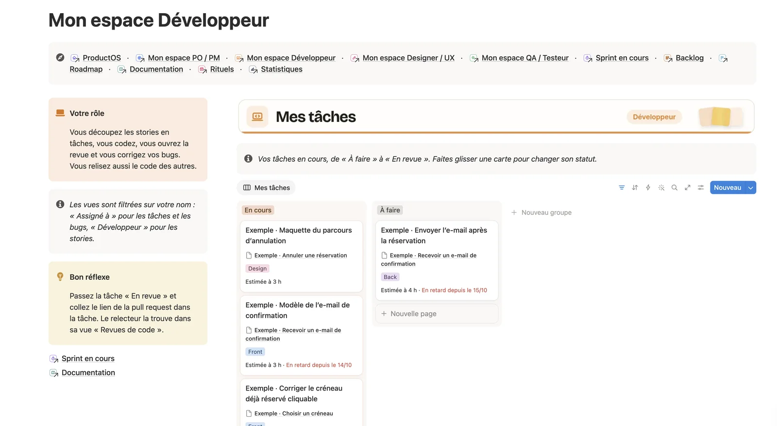 L’espace Développeur : les tâches en cours et à faire, avec leur estimation