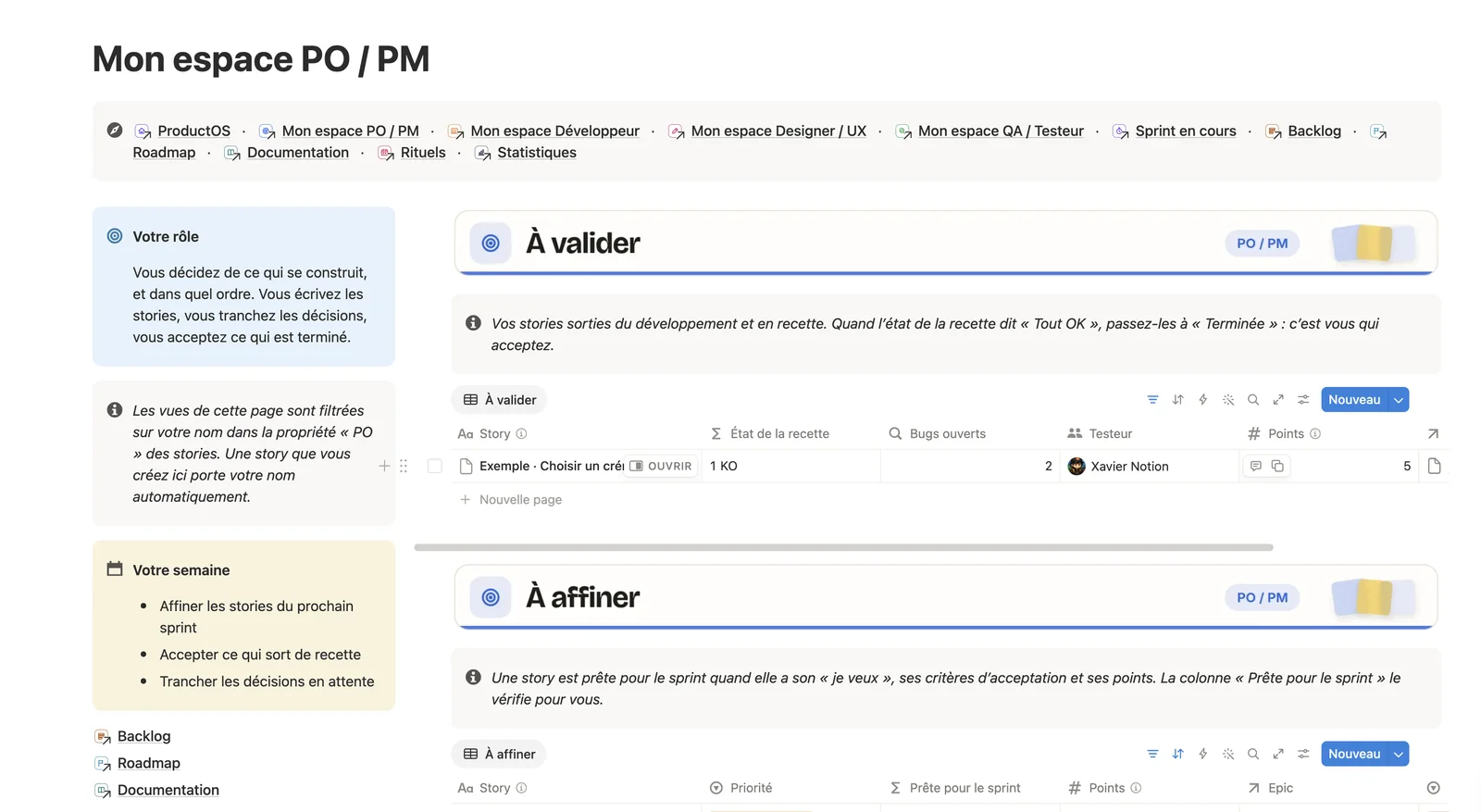 L’espace PO / PM de ProductOS : les stories à valider et celles à affiner