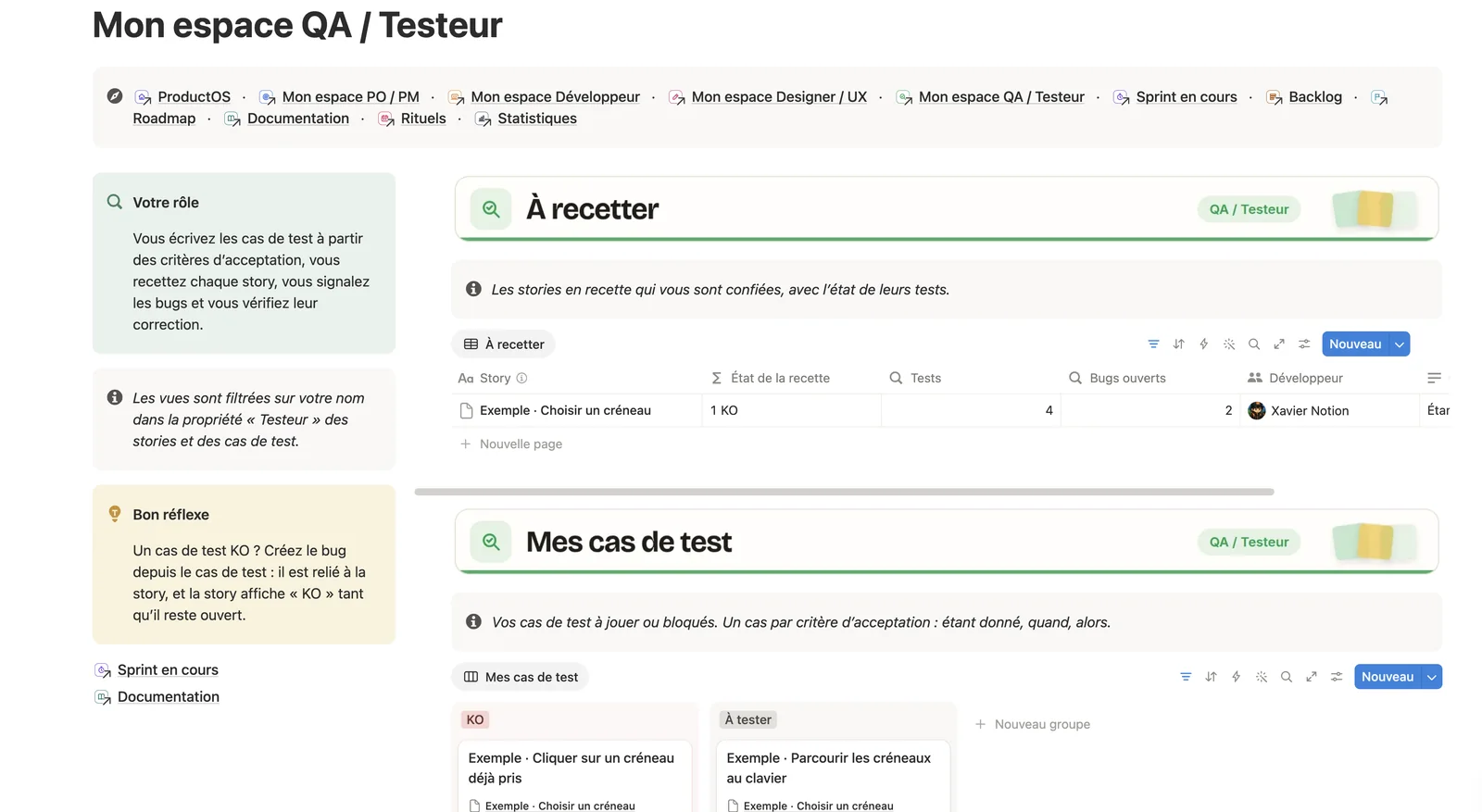 L’espace QA / Testeur : les stories à recetter et les cas de test