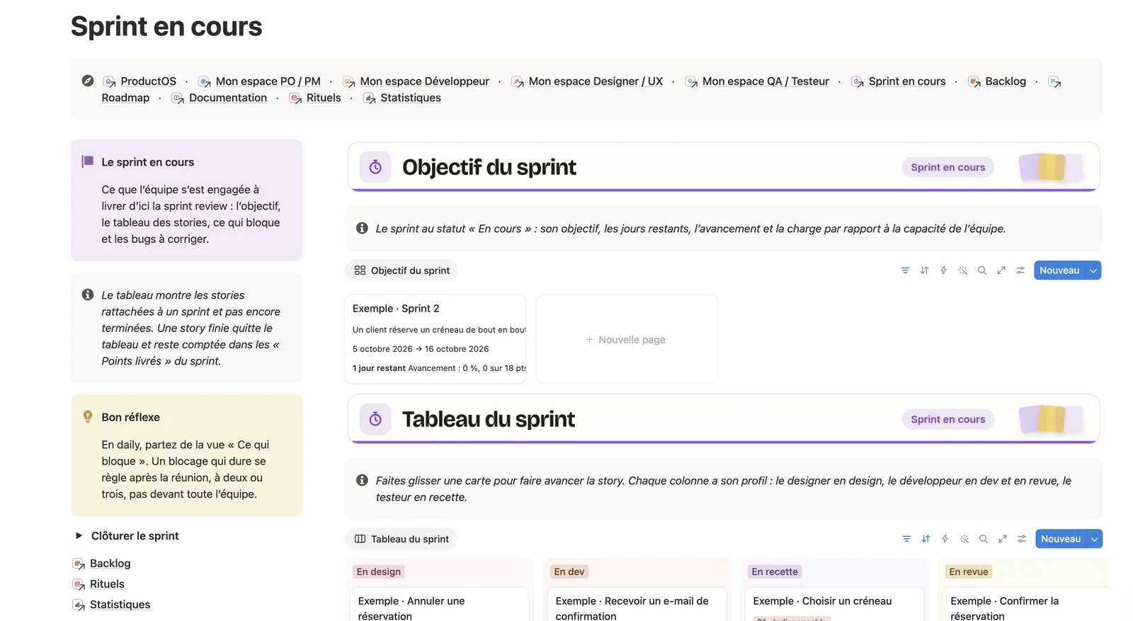 La page Sprint en cours de ProductOS : l’objectif du sprint et le tableau des stories