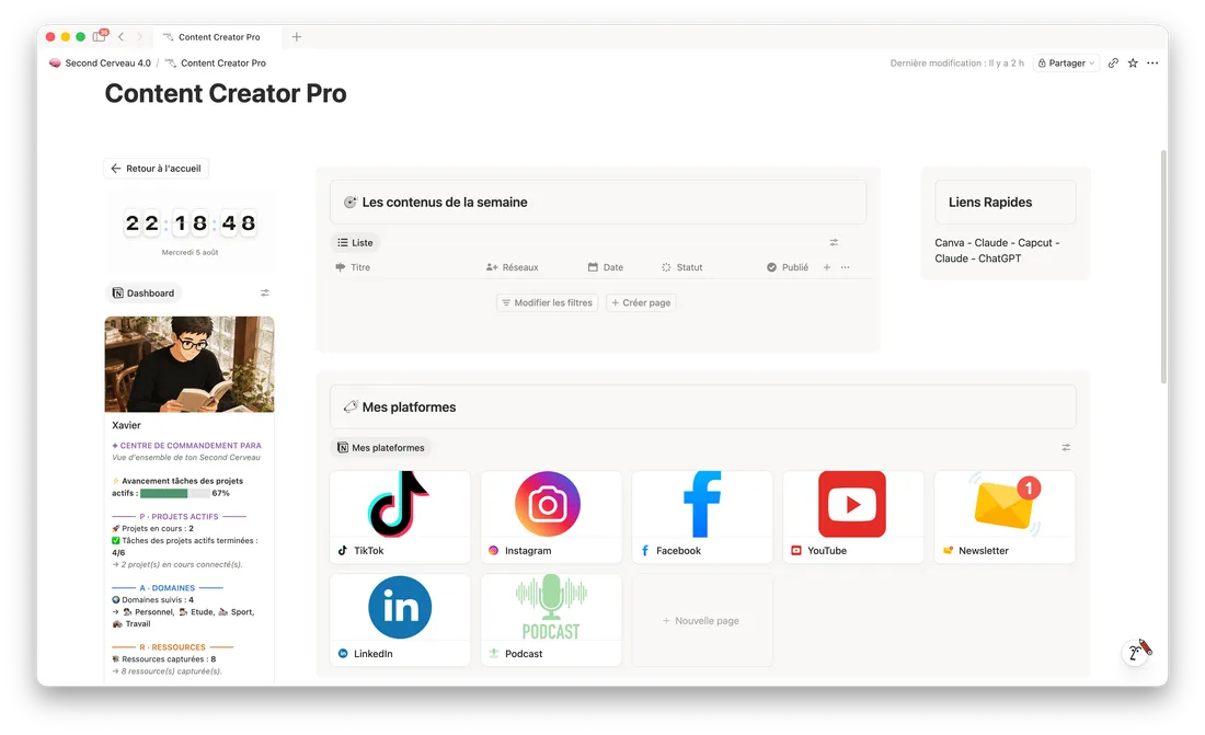 Le module Content Creator Pro du second cerveau Notion