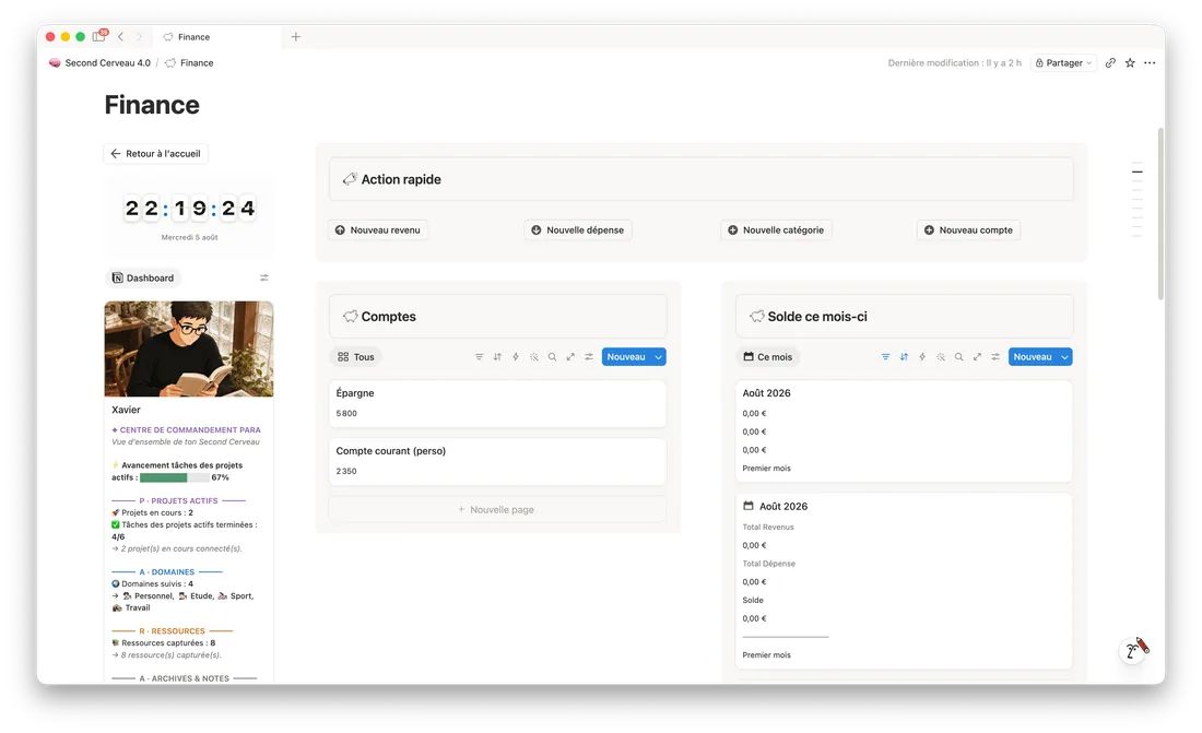 Le module Finance du second cerveau Notion, comptes et solde mensuel