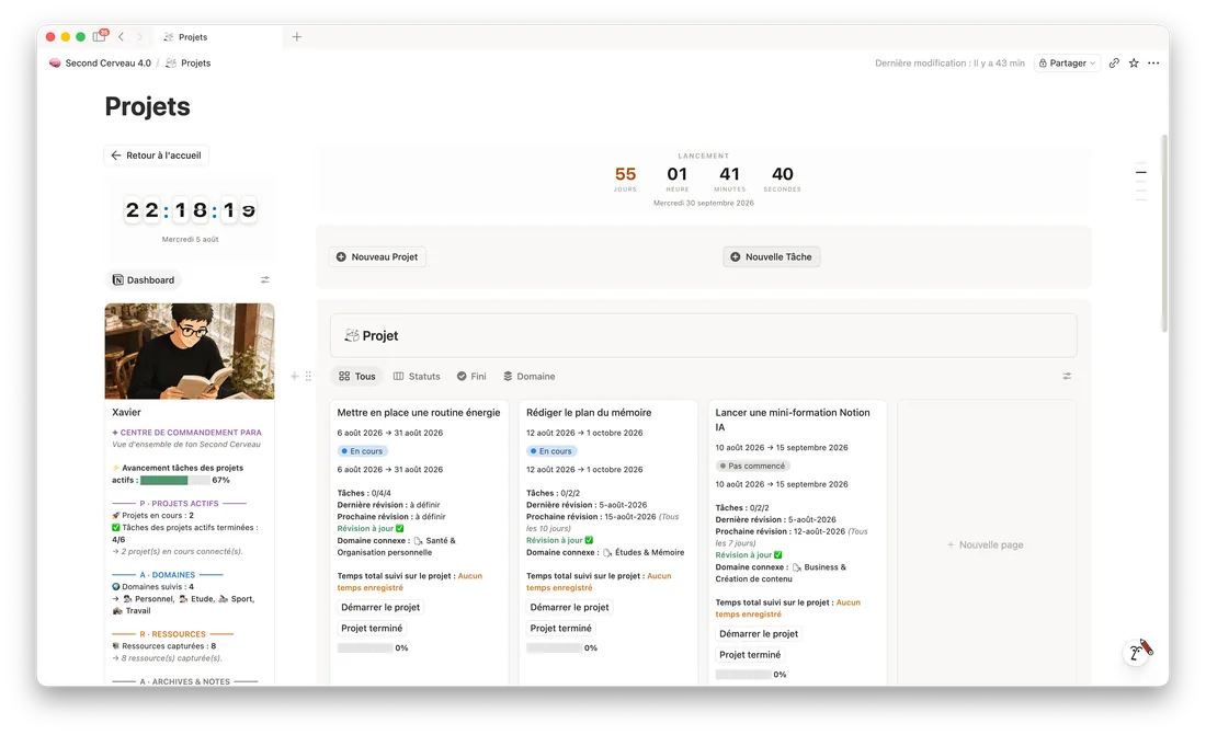 La vue Projets du second cerveau dans Notion