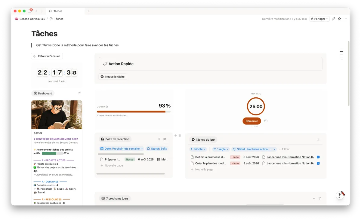 La vue Tâches du second cerveau Notion, colonnes GTD et minuteur Pomodoro