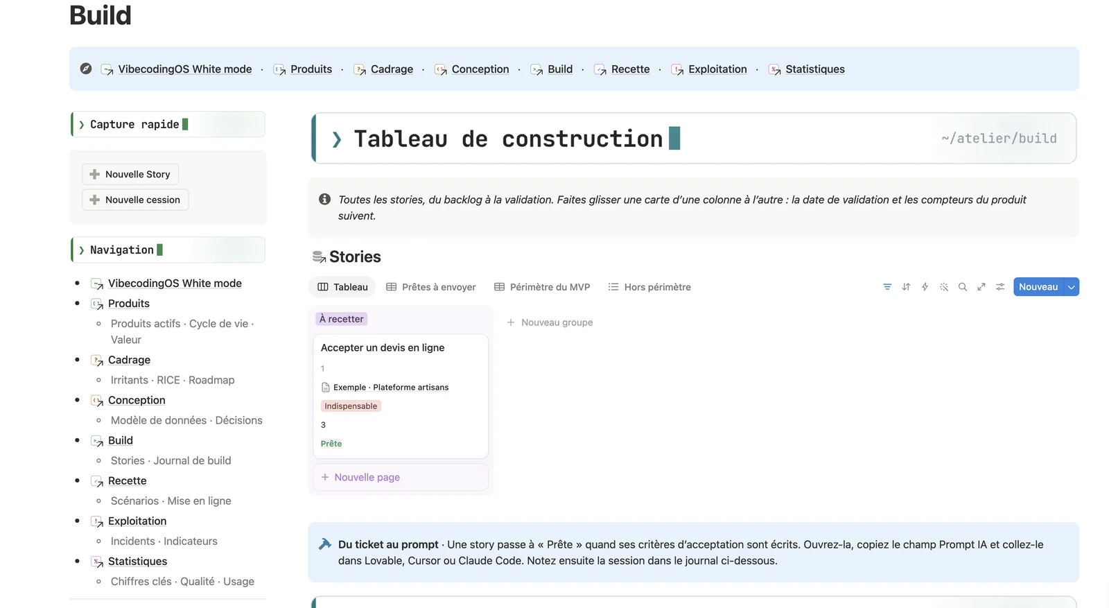 La page Build : le tableau des stories et le journal des sessions