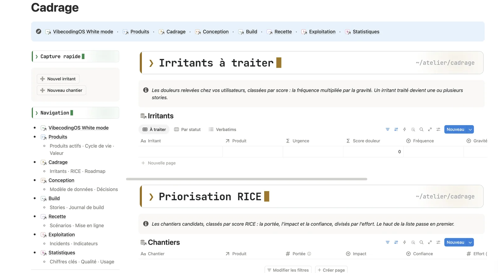 La page Cadrage de VibecodingOS : les irritants à traiter et la priorisation RICE