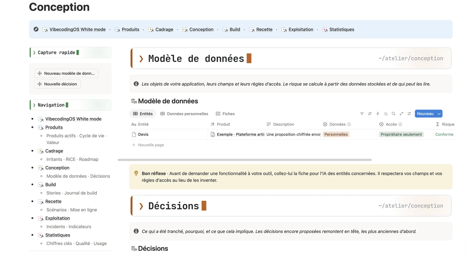 La page Conception : le modèle de données et le registre des décisions