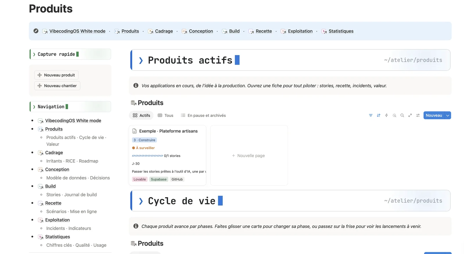 La page Produits de VibecodingOS : chaque application avec son contexte