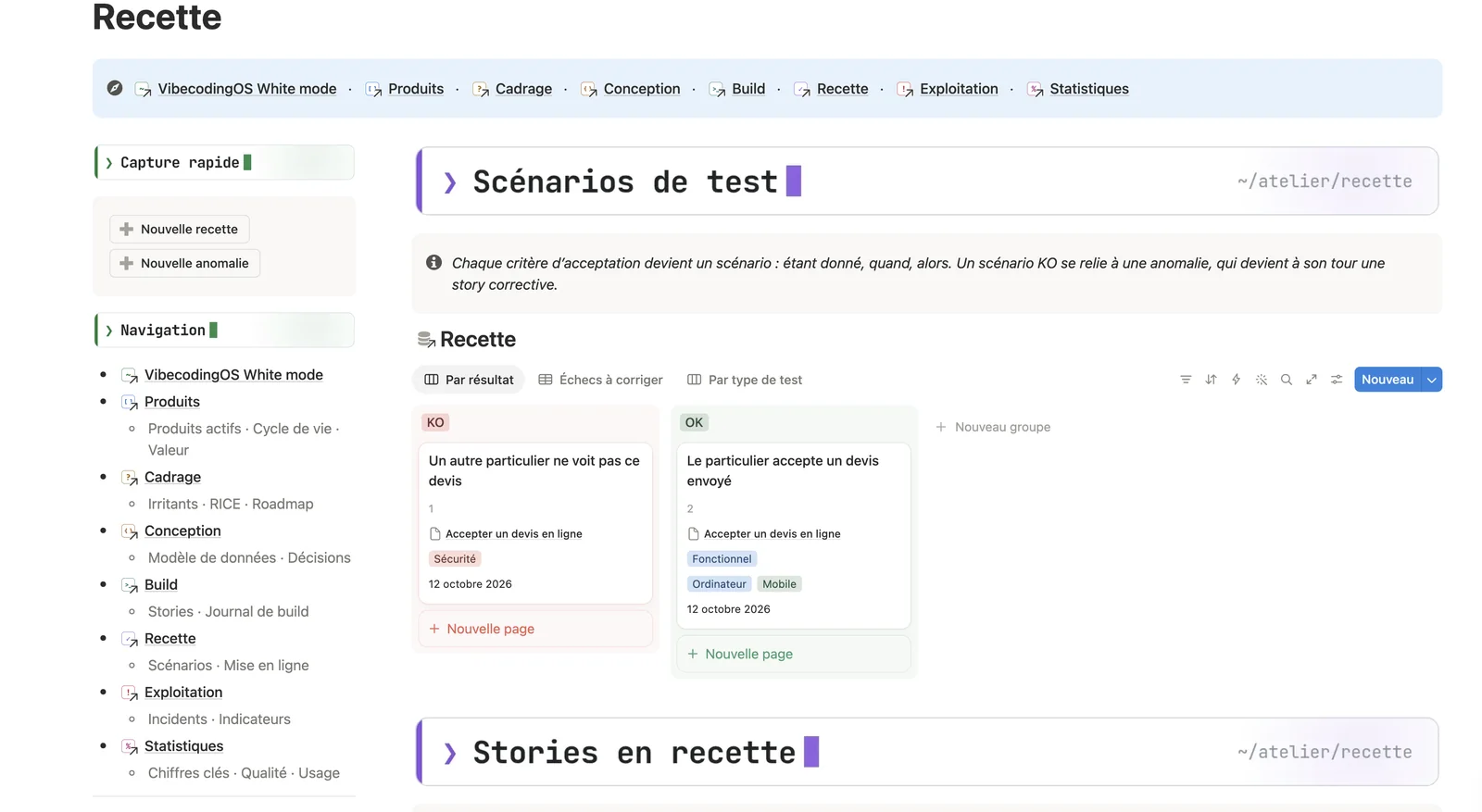 La page Recette : les scénarios de test et la check-list avant mise en ligne