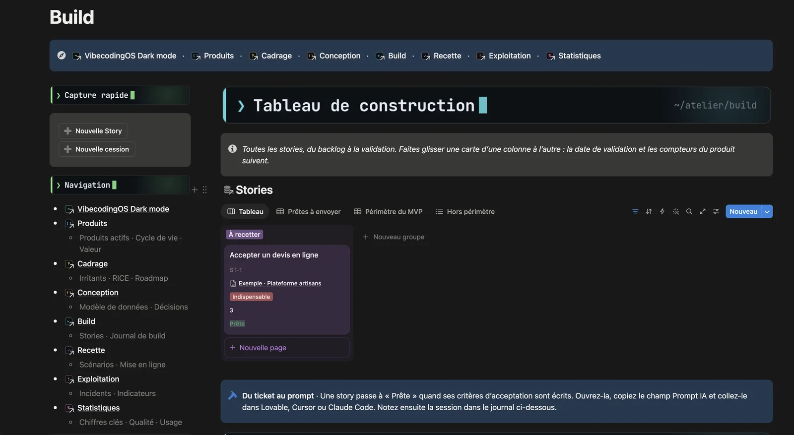 La page Build de VibecodingOS, version sombre