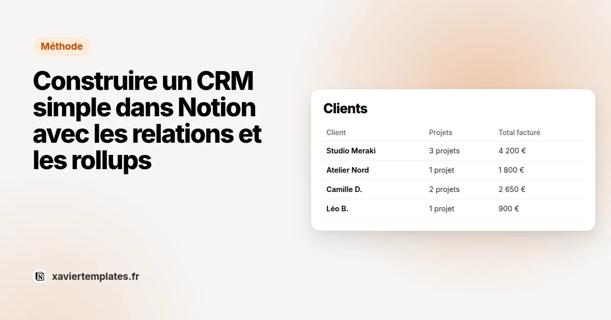 CRM simple dans Notion : base Clients reliée aux projets, avec un rollup du total facturé