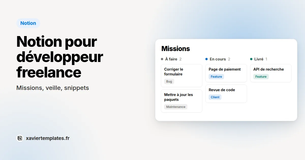 Missions d’un développeur freelance suivies dans un Kanban Notion