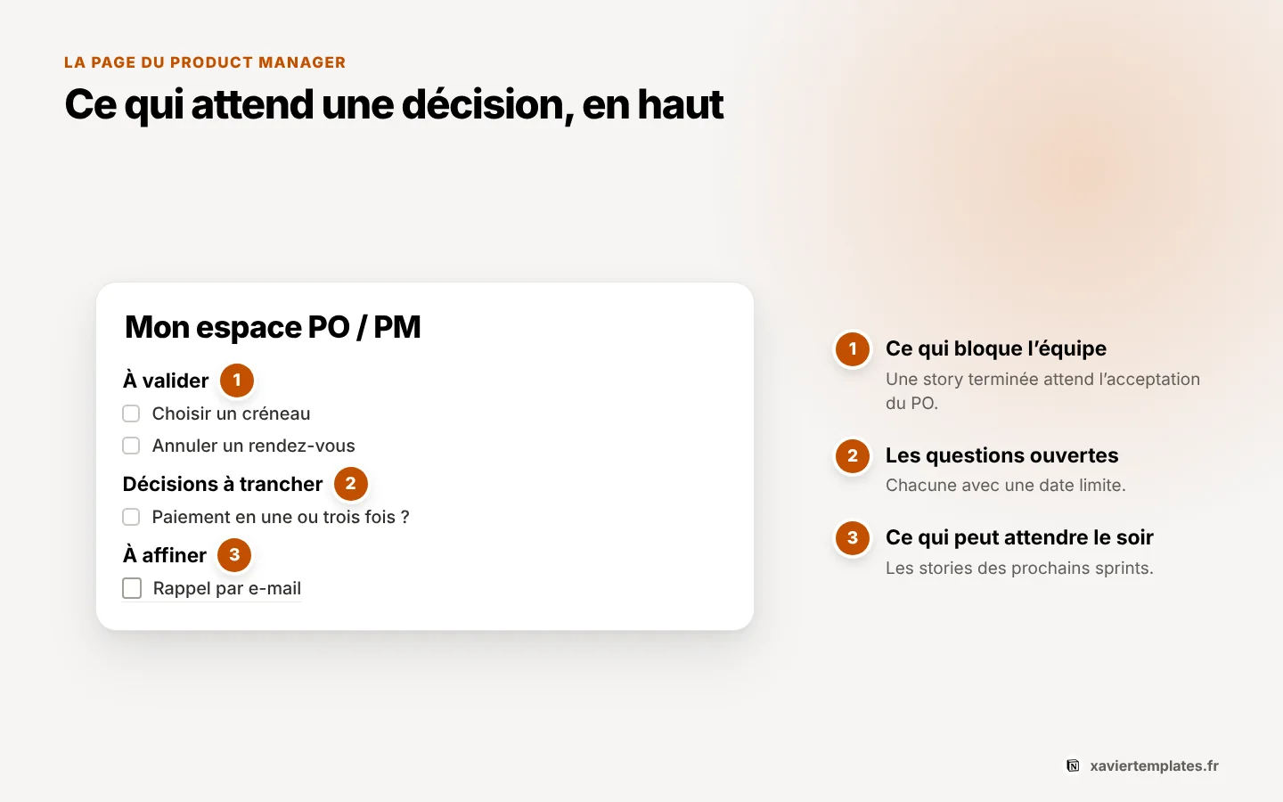 Page Notion d’un Product Manager : à valider, à affiner, décisions à trancher et epics en cours