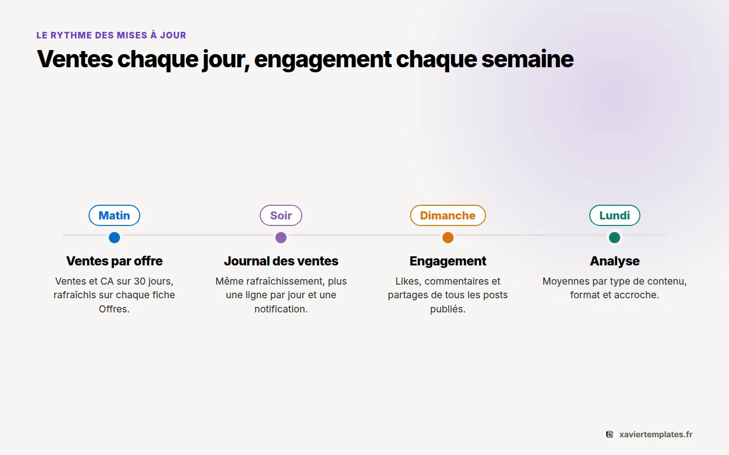 Calendrier de mise à jour des statistiques dans Notion : ventes Stripe matin et soir, engagement le dimanche, analyse le lundi